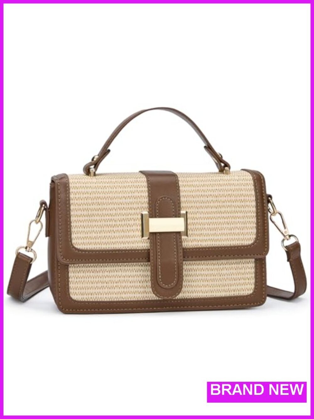 Straw Crossbody Purse PU Leather Shoulder Bag Woven Tote Adjustable Strap